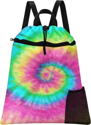 Tie Dye Rainbow Gym Drawstring Backpack Waterproof Colorful Retro Girl Swimming Beach Sackpack, Sports Yoga Dance Travel String Bag Gift Bags with Water Bottle Pocket