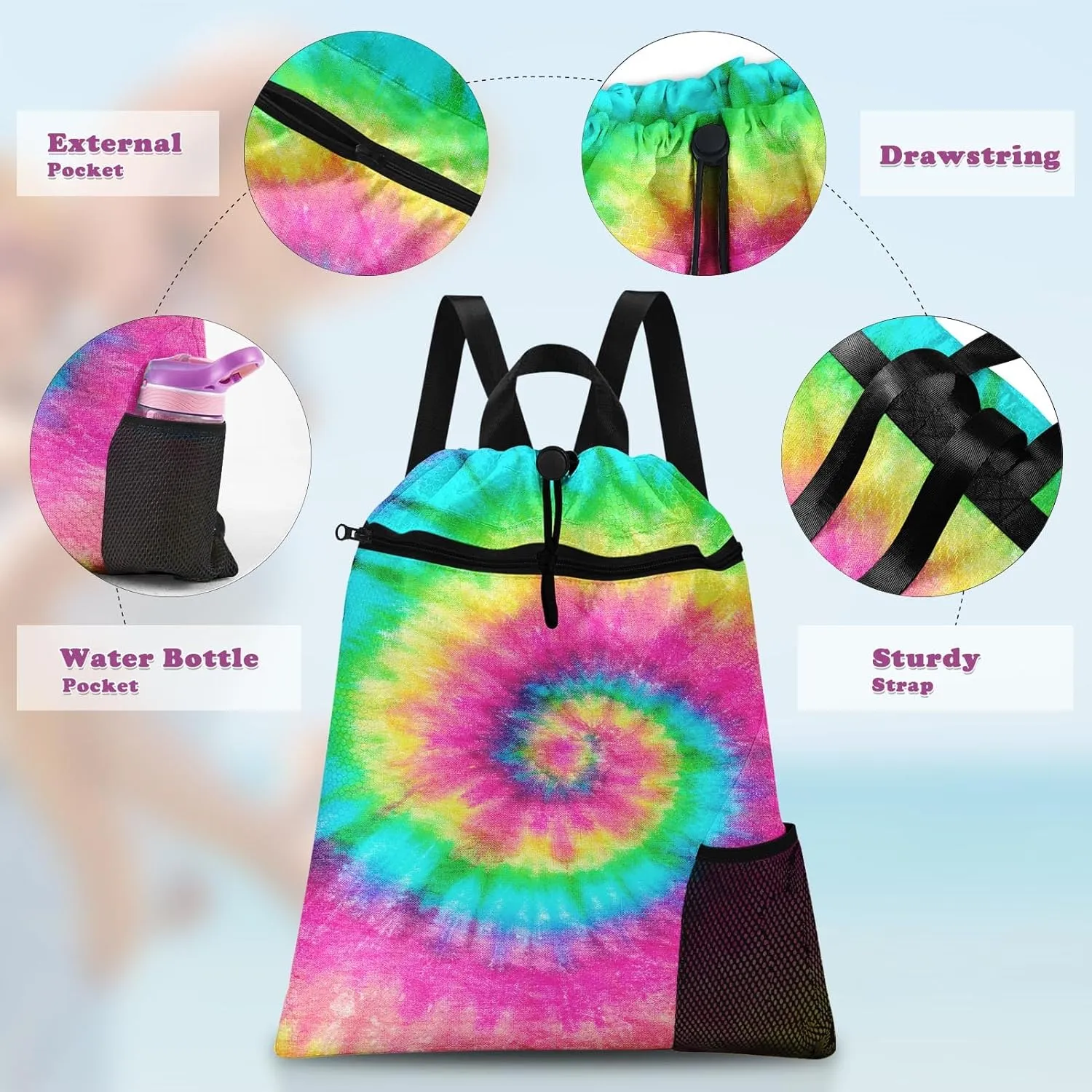 Tie Dye Rainbow Gym Drawstring Backpack Waterproof Colorful Retro Girl Swimming Beach Sackpack, Sports Yoga Dance Travel String Bag Gift Bags with Water Bottle Pocket
