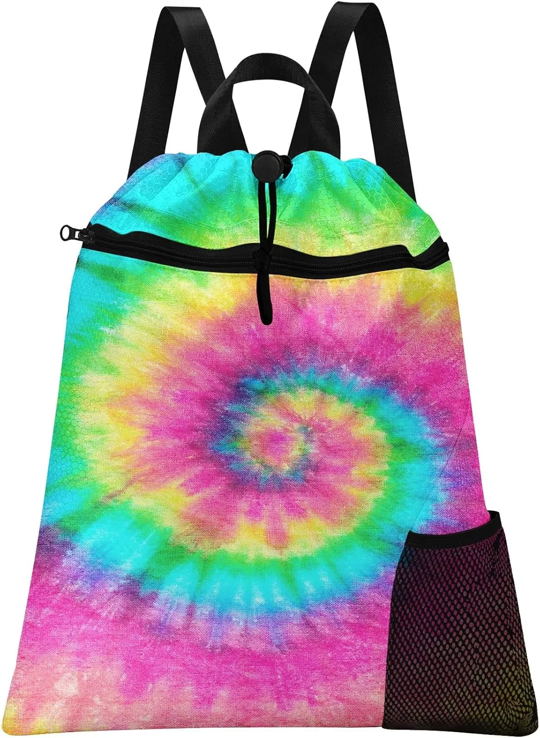 Tie Dye Rainbow Gym Drawstring Backpack Waterproof Colorful Retro Girl Swimming Beach Sackpack, Sports Yoga Dance Travel String Bag Gift Bags with Water Bottle Pocket