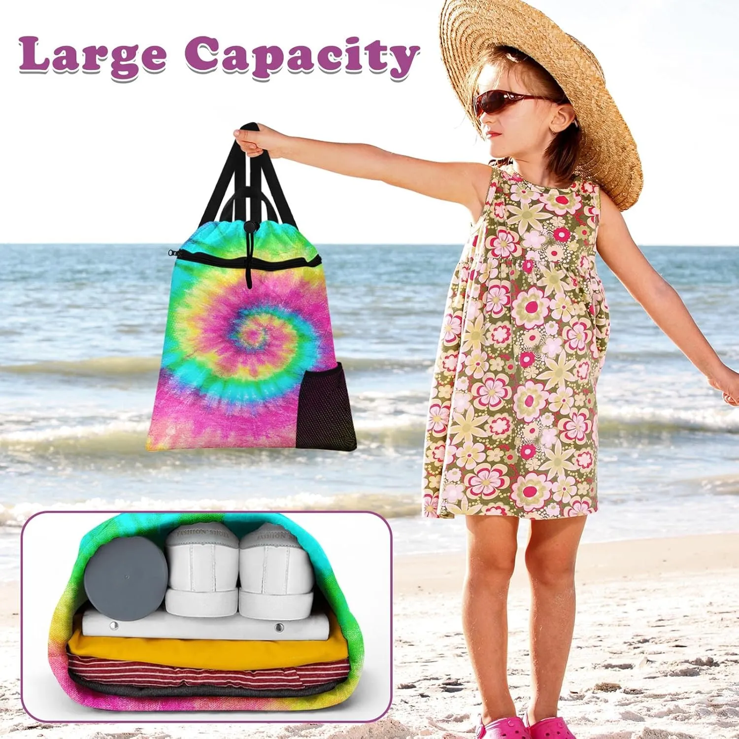 Tie Dye Rainbow Gym Drawstring Backpack Waterproof Colorful Retro Girl Swimming Beach Sackpack, Sports Yoga Dance Travel String Bag Gift Bags with Water Bottle Pocket