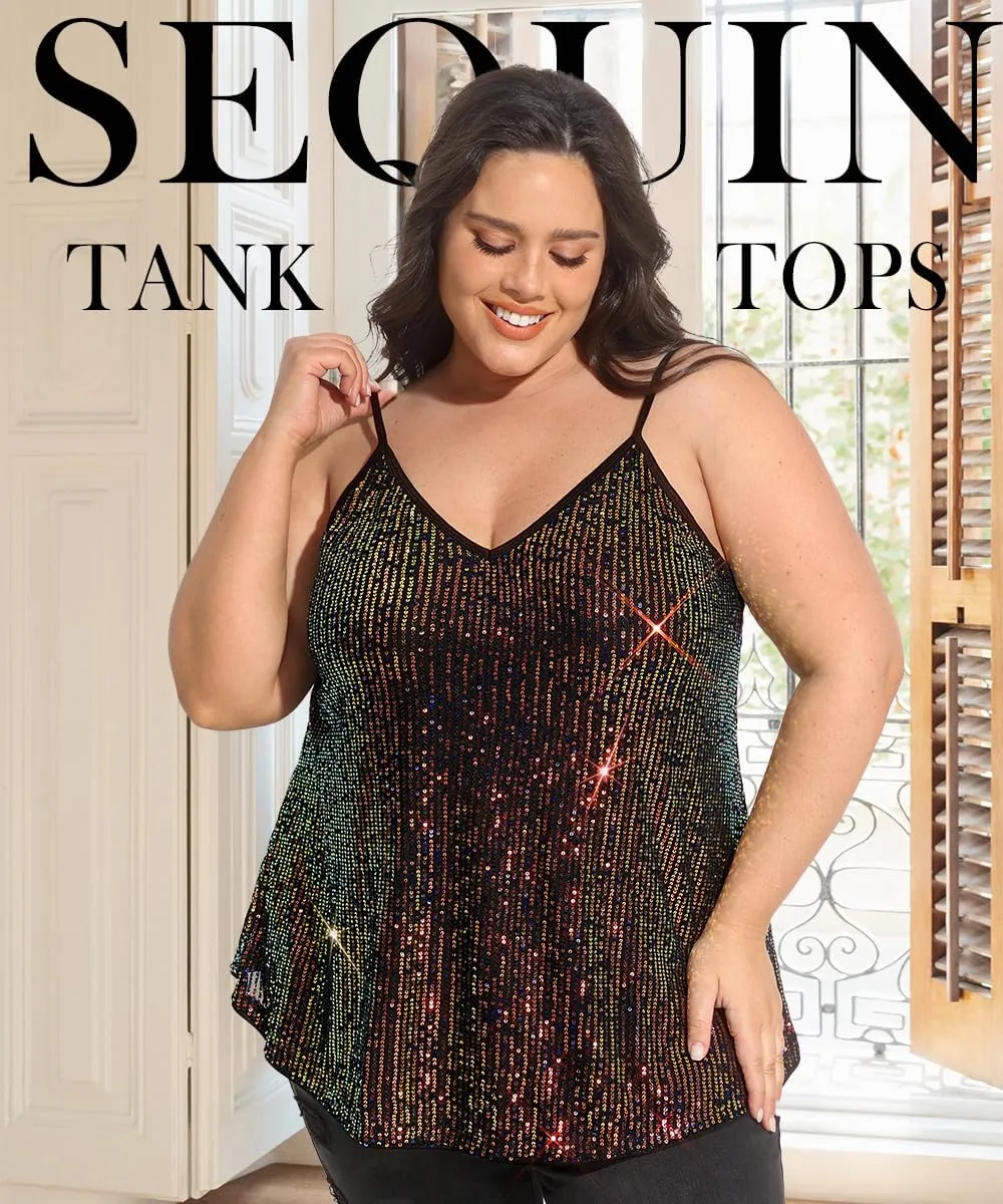 TIYOMI Plus Size Tank Tops for Women Sexy V Neck Strappy Sequin Sparkle Shimmer Camisole Glitter Party Sleeveless Tops