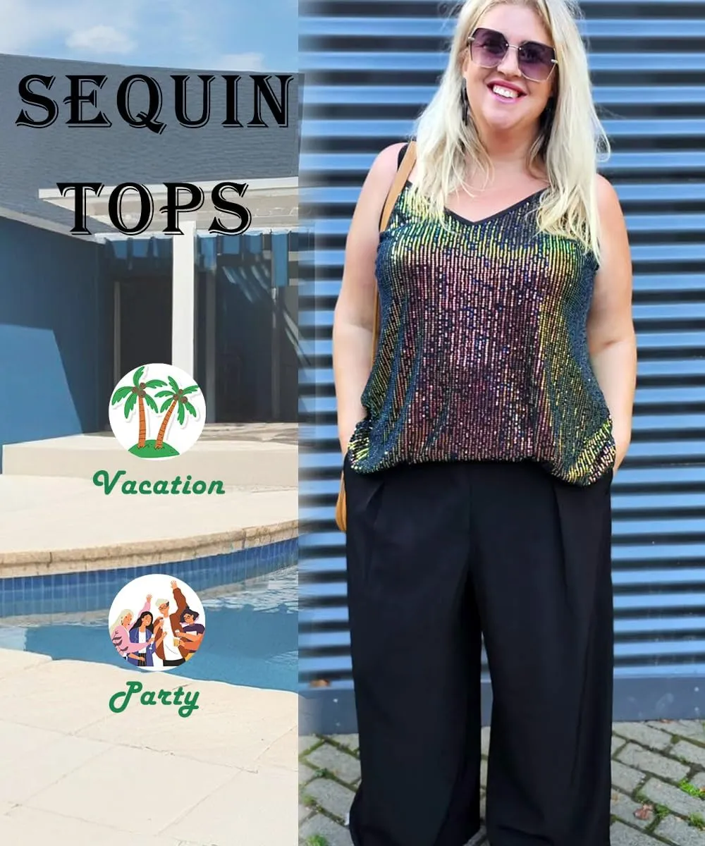 TIYOMI Plus Size Tank Tops for Women Sexy V Neck Strappy Sequin Sparkle Shimmer Camisole Glitter Party Sleeveless Tops
