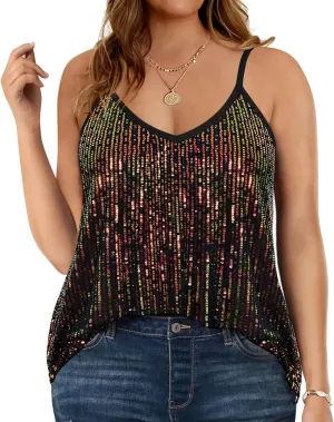 TIYOMI Plus Size Tank Tops for Women Sexy V Neck Strappy Sequin Sparkle Shimmer Camisole Glitter Party Sleeveless Tops