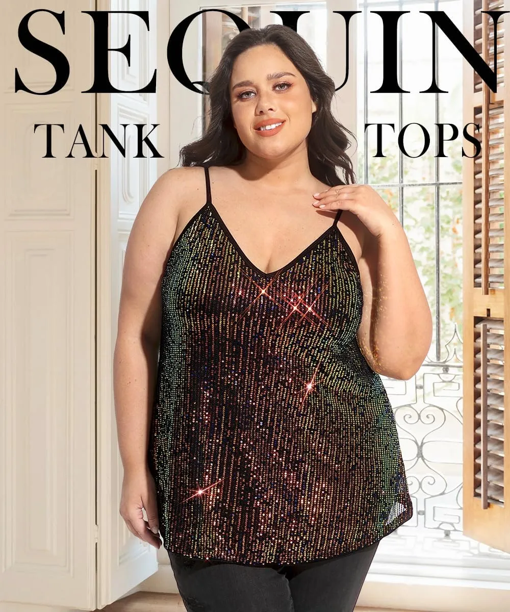TIYOMI Plus Size Tank Tops for Women Sexy V Neck Strappy Sequin Sparkle Shimmer Camisole Glitter Party Sleeveless Tops