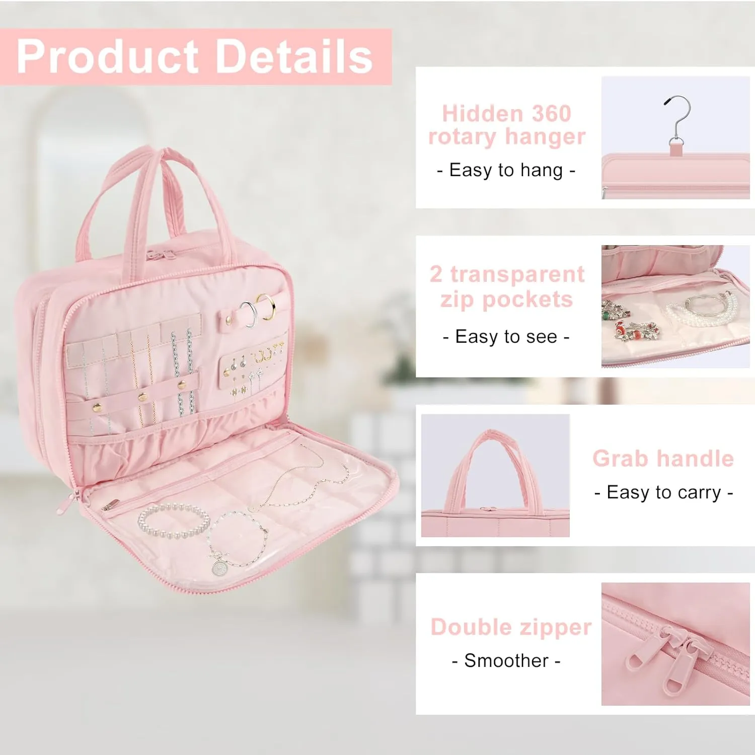 Toiletry Bag, Compartmental Hanging toiletry Bag, Portable Foldable Makeup Cosmetic Organizer Bag with Anti-slip Metal Hook for Travel Gym Outdoor Activity (Pink)