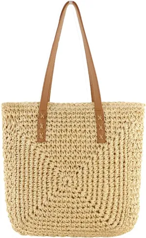 TONWHAR Women Straw Beach Tote Bag Shoulder Bag Handmade Woven Handbag for Summer