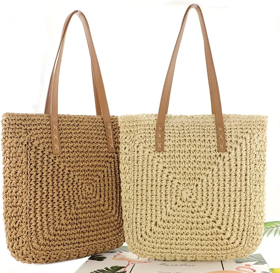 TONWHAR Women Straw Beach Tote Bag Shoulder Bag Handmade Woven Handbag for Summer