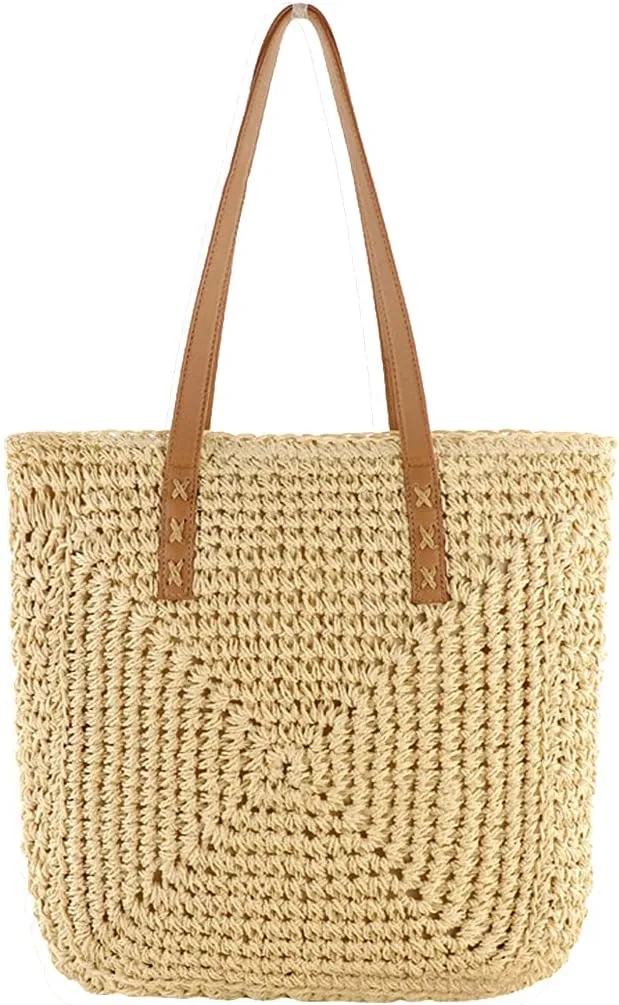 TONWHAR Women Straw Beach Tote Bag Shoulder Bag Handmade Woven Handbag for Summer