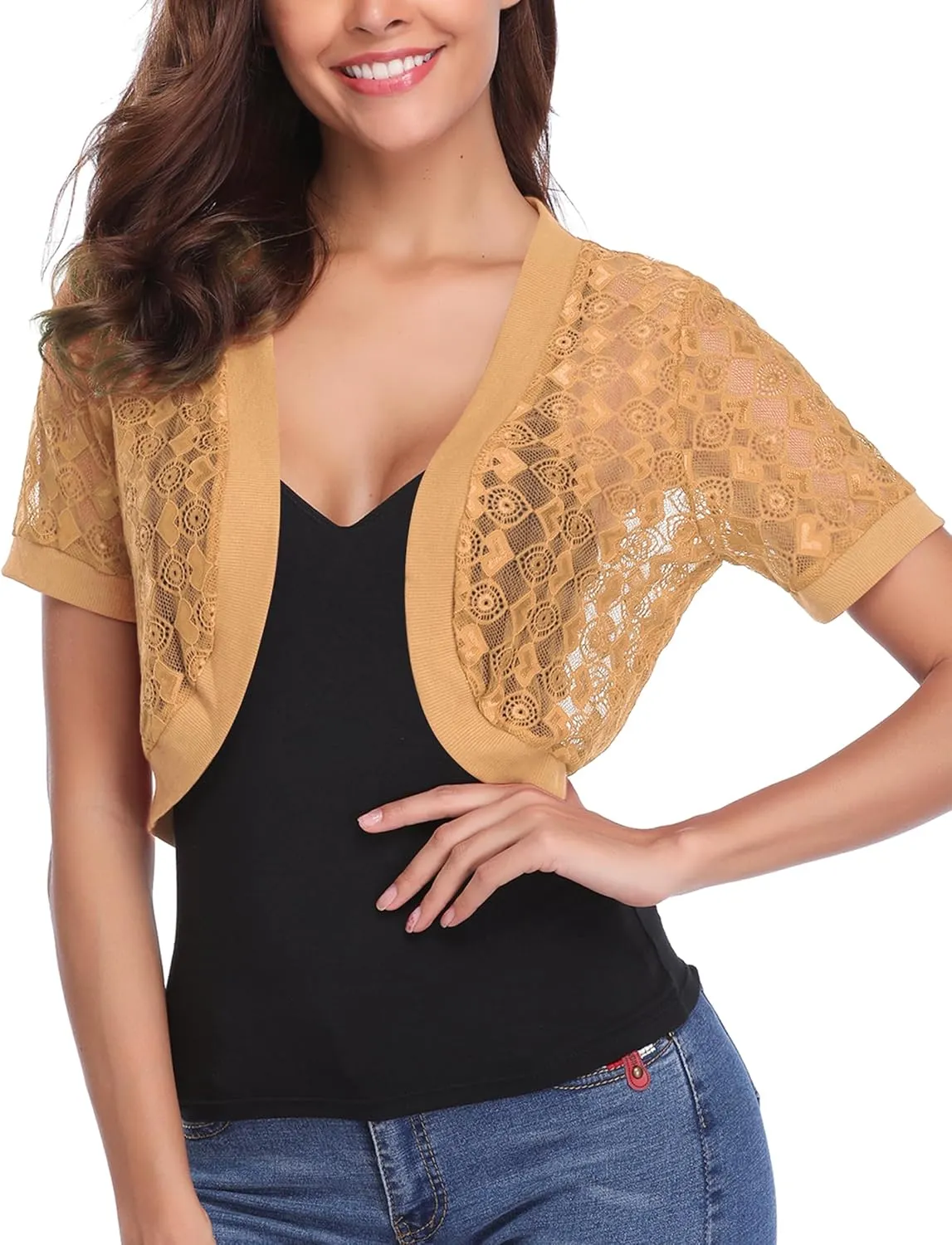 Totatuit Womens Short Bolero Shrugs for Dresses Open Front Short Sleeve Floral Lace Summer Sheer Cropped Cardigans