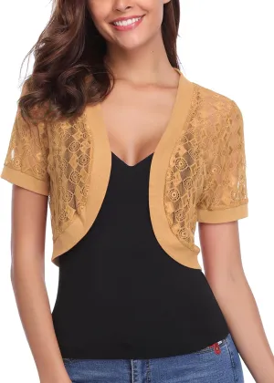 Totatuit Womens Short Bolero Shrugs for Dresses Open Front Short Sleeve Floral Lace Summer Sheer Cropped Cardigans