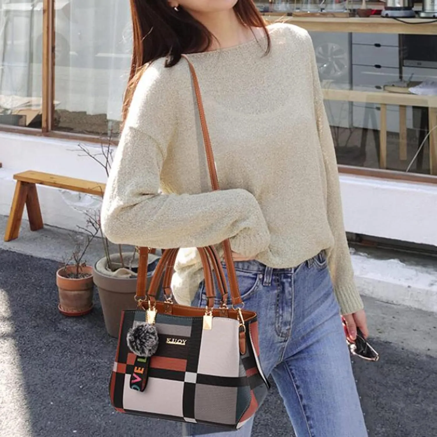 Tote Bag For Women Work Color Block Leather Large Handbags Shoulder Bag With Top Handle For Her Mom Sister