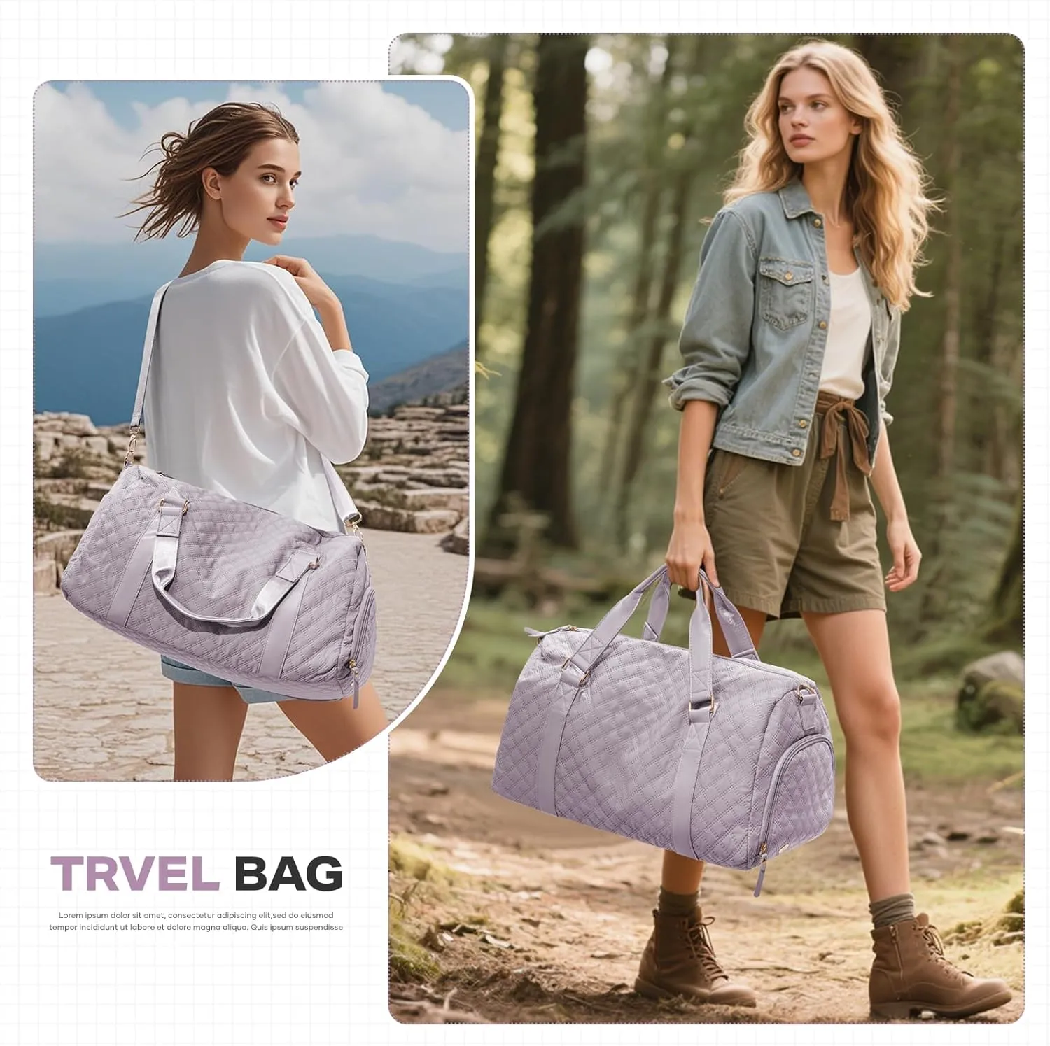 Travel Duffle Bag with Toiletry Bag, Waterproof Weekender Overnight Bag for Women, Lightweight Tote Luggage Carry on Sport Gym Bags with Shoe Compartment&Wet Pocket&Trollery Sleeve, Purple