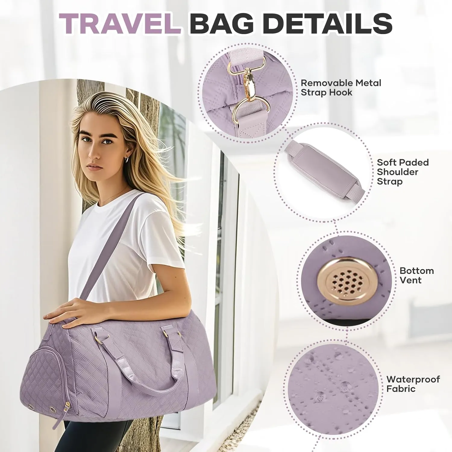 Travel Duffle Bag with Toiletry Bag, Waterproof Weekender Overnight Bag for Women, Lightweight Tote Luggage Carry on Sport Gym Bags with Shoe Compartment&Wet Pocket&Trollery Sleeve, Purple
