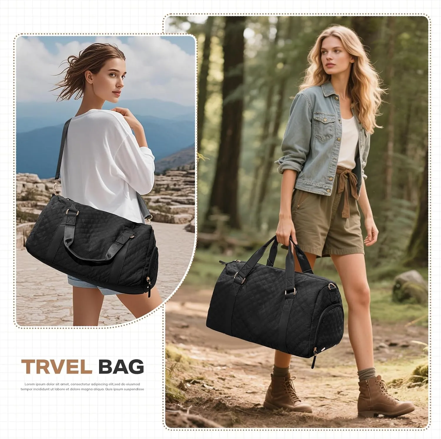 Travel Duffle Bag with Toiletry Bag, Waterproof Weekender Overnight Bags for Women, Lightweight Tote Luggage Carry on Sport Gym Bags with Shoe Compartment&Wet Pocket&Trollery Sleeve, Black