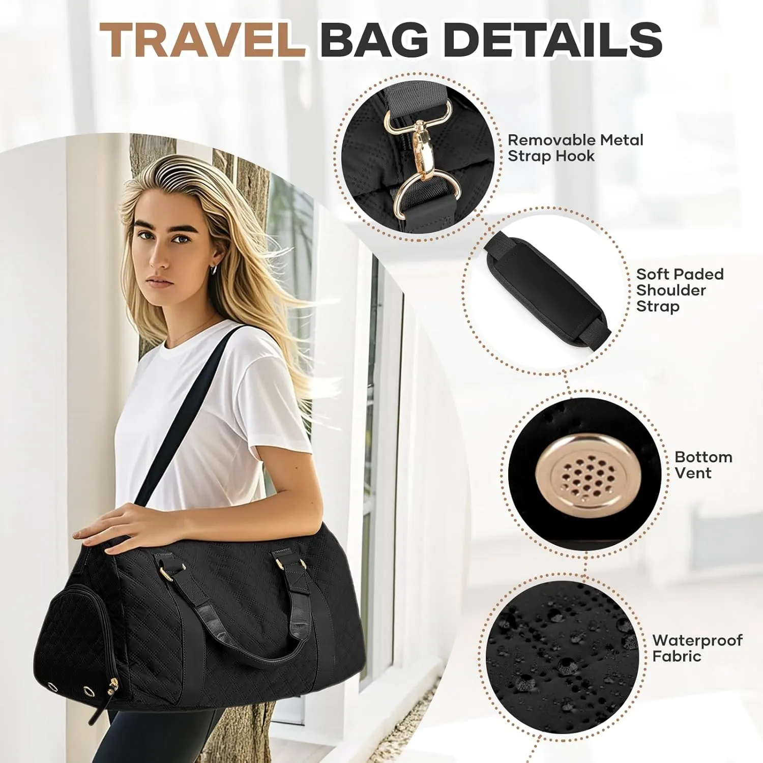 Travel Duffle Bag with Toiletry Bag, Waterproof Weekender Overnight Bags for Women, Lightweight Tote Luggage Carry on Sport Gym Bags with Shoe Compartment&Wet Pocket&Trollery Sleeve, Black