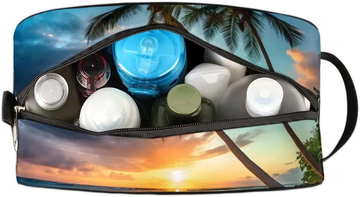 Travel Toiletry Bag for Women Men Palm Tree Seaside Scenery Hanging Cosmetic Bag Waterproof Makeup Bag for Shaving Makeup Toothbrush & Travel Essentials