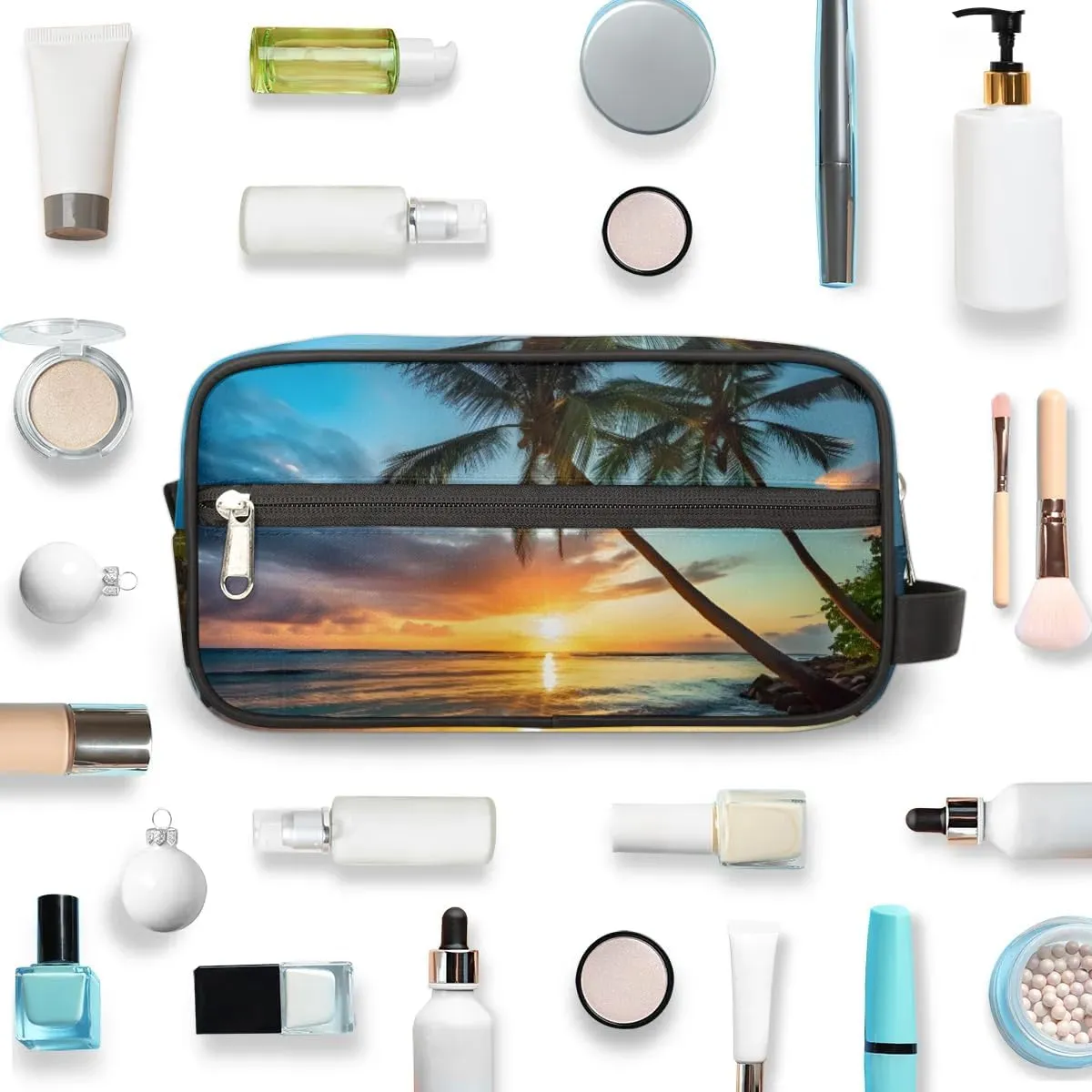 Travel Toiletry Bag for Women Men Palm Tree Seaside Scenery Hanging Cosmetic Bag Waterproof Makeup Bag for Shaving Makeup Toothbrush & Travel Essentials