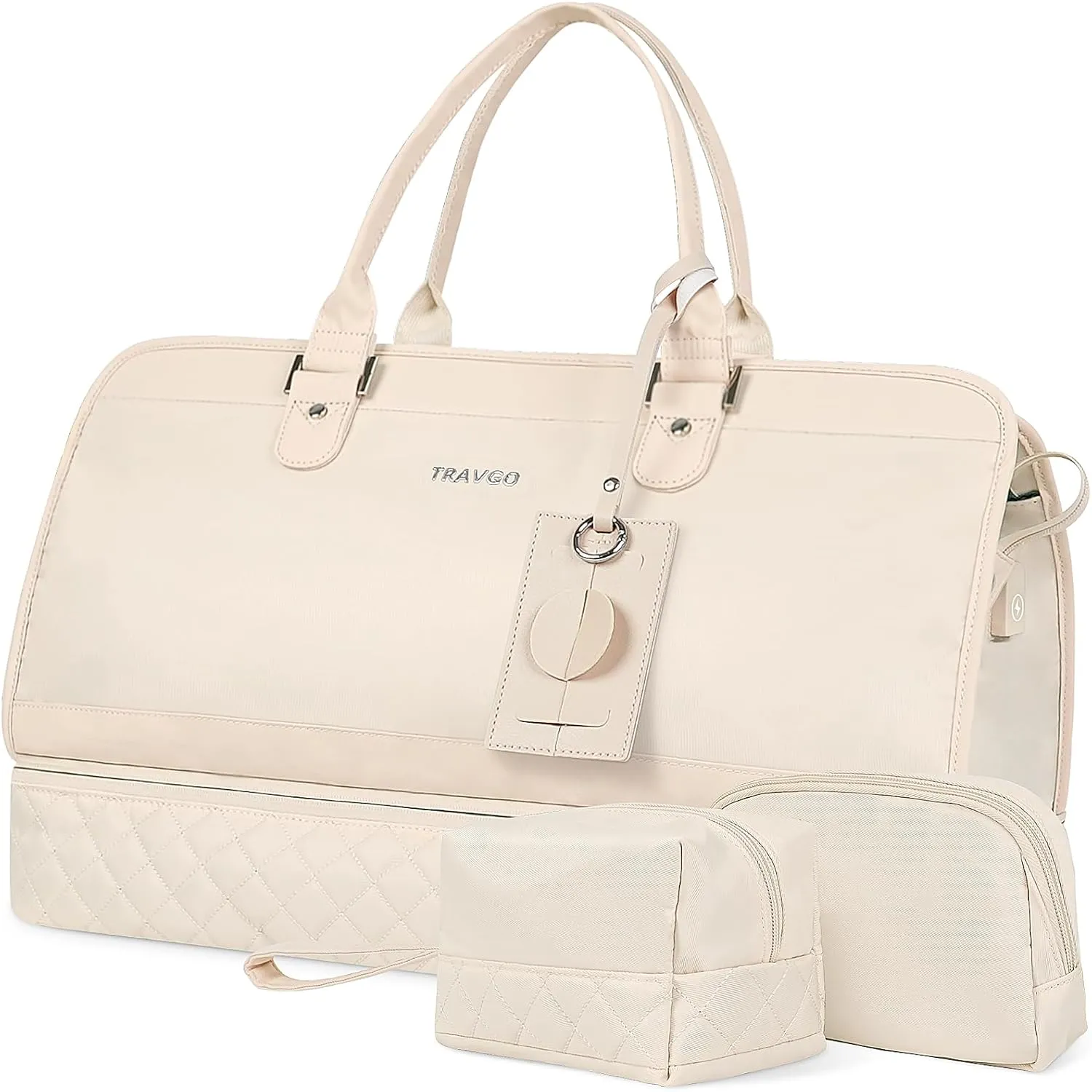 Travgo Weekender Bags for Women Travel, 60L Travel Duffle Bag with Shoe Compartment & Wet Pocket,Carry on Tote Bags with USB Charging Port for Airplanes, Hospital, Sports,Gift (Beige)