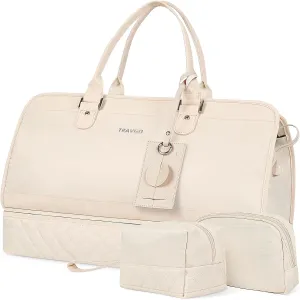 Travgo Weekender Bags for Women Travel, 60L Travel Duffle Bag with Shoe Compartment & Wet Pocket,Carry on Tote Bags with USB Charging Port for Airplanes, Hospital, Sports,Gift (Beige)