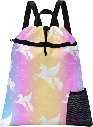 Unicorn Starry Rainbow Gym Drawstring Backpack Waterproof Cute Love Girl Swimming Beach Sackpack, Sports Yoga Dance Travel String Bag Gift Bags with Water Bottle Pocket