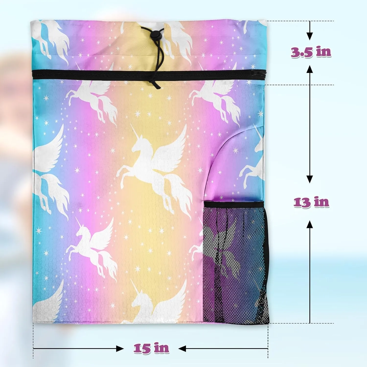 Unicorn Starry Rainbow Gym Drawstring Backpack Waterproof Cute Love Girl Swimming Beach Sackpack, Sports Yoga Dance Travel String Bag Gift Bags with Water Bottle Pocket