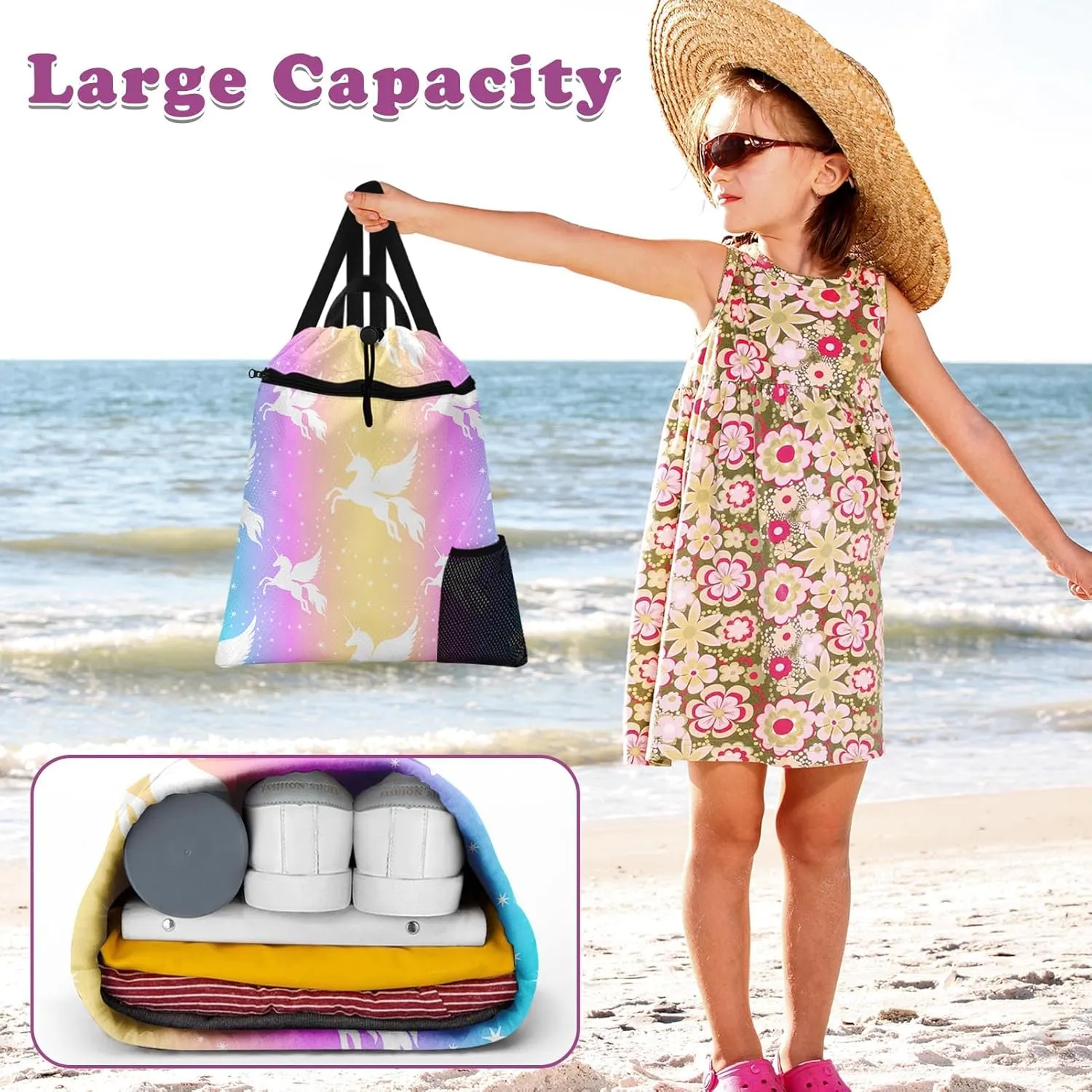 Unicorn Starry Rainbow Gym Drawstring Backpack Waterproof Cute Love Girl Swimming Beach Sackpack, Sports Yoga Dance Travel String Bag Gift Bags with Water Bottle Pocket