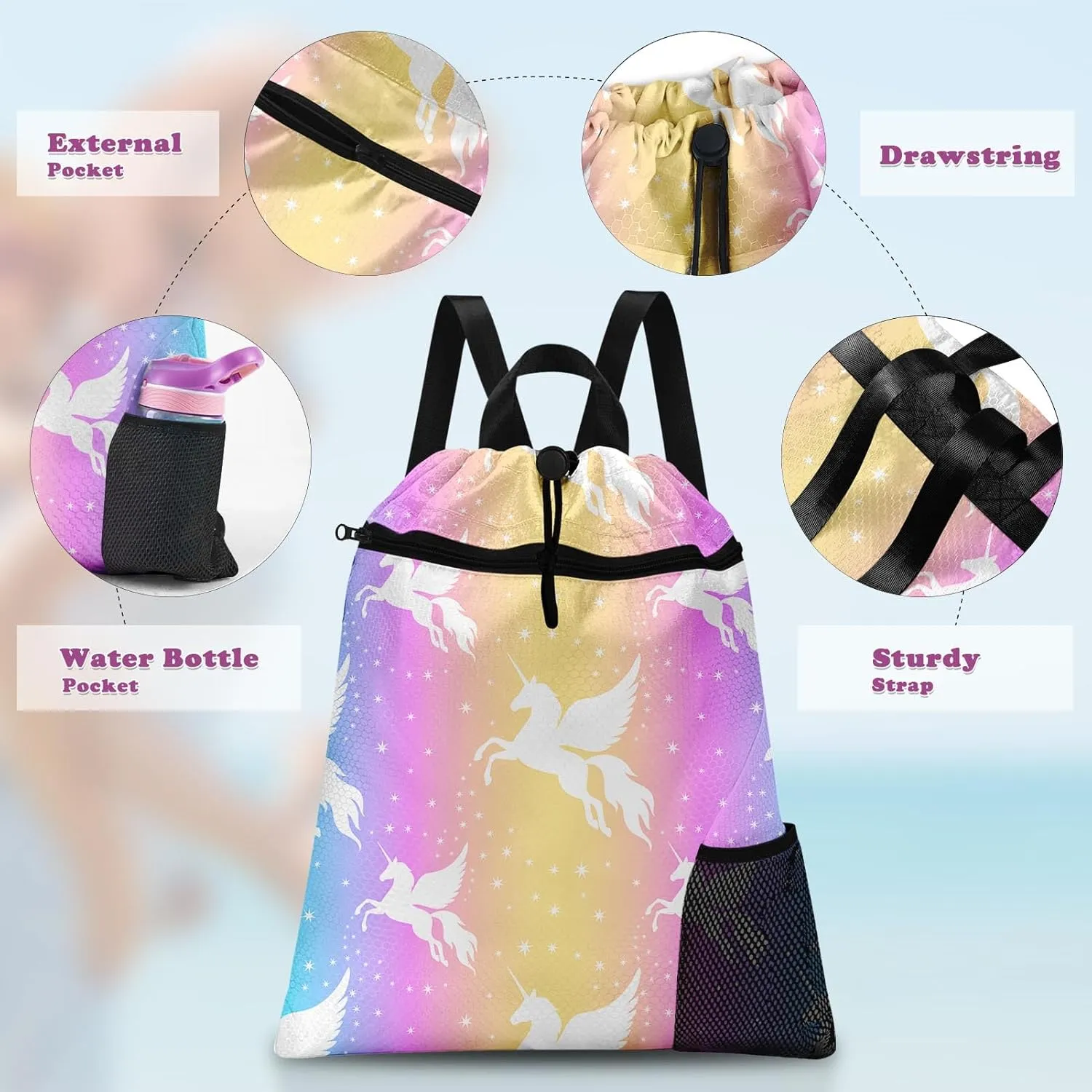 Unicorn Starry Rainbow Gym Drawstring Backpack Waterproof Cute Love Girl Swimming Beach Sackpack, Sports Yoga Dance Travel String Bag Gift Bags with Water Bottle Pocket