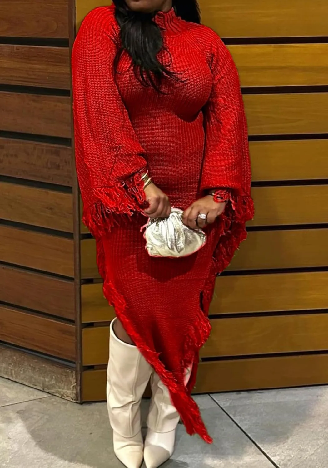 Unybwonn Women's Fringe Sweater Dress Batwing Long Sleeve Mock Neck Knit Maxi Dress Side Slit High Low Trendy Dress