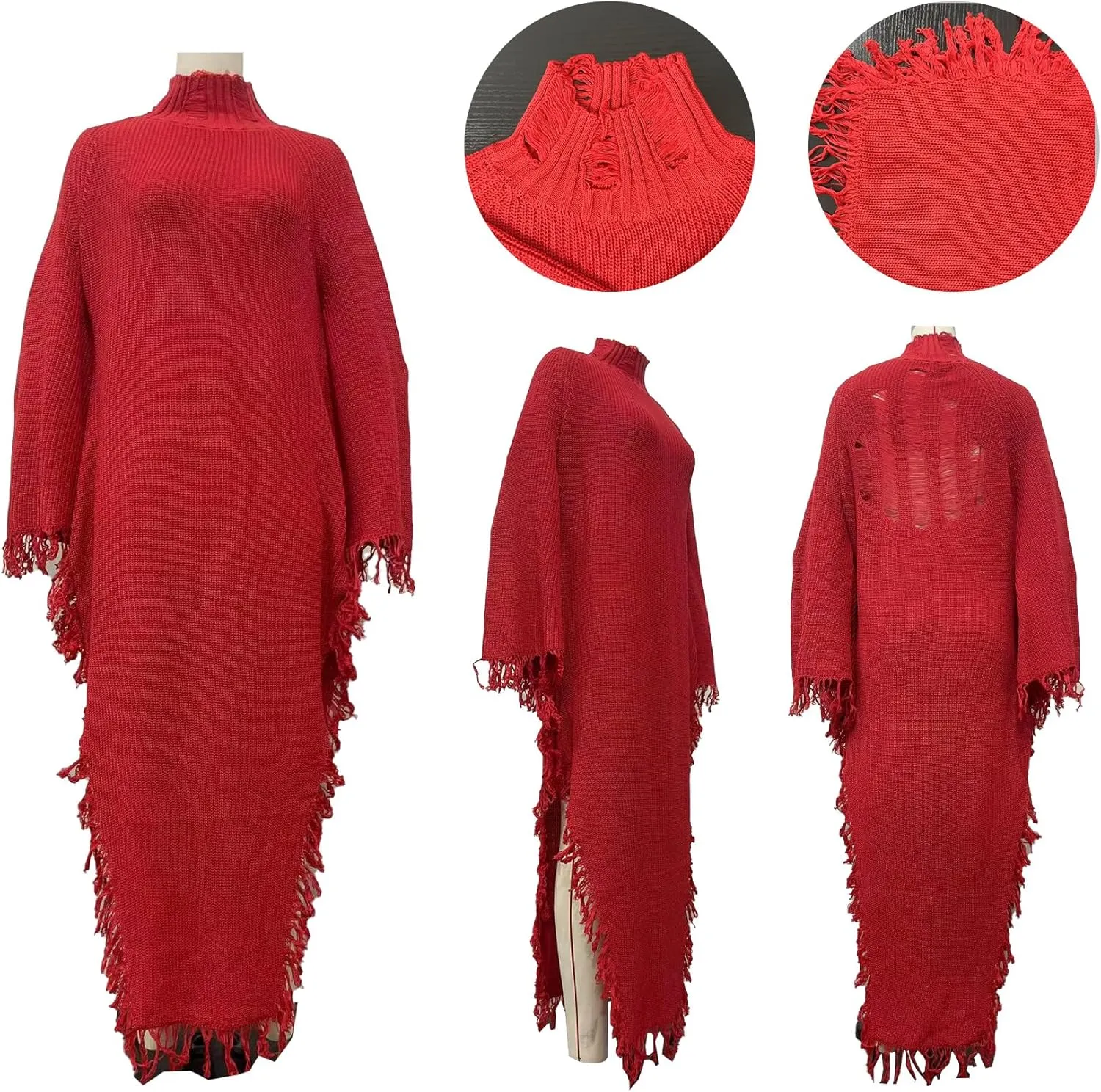 Unybwonn Women's Fringe Sweater Dress Batwing Long Sleeve Mock Neck Knit Maxi Dress Side Slit High Low Trendy Dress
