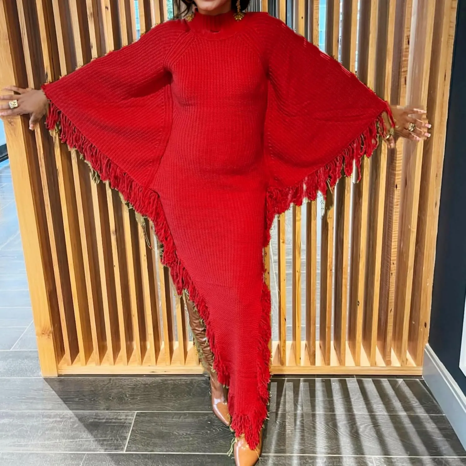 Unybwonn Women's Fringe Sweater Dress Batwing Long Sleeve Mock Neck Knit Maxi Dress Side Slit High Low Trendy Dress