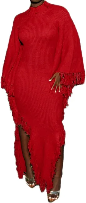 Unybwonn Women's Fringe Sweater Dress Batwing Long Sleeve Mock Neck Knit Maxi Dress Side Slit High Low Trendy Dress