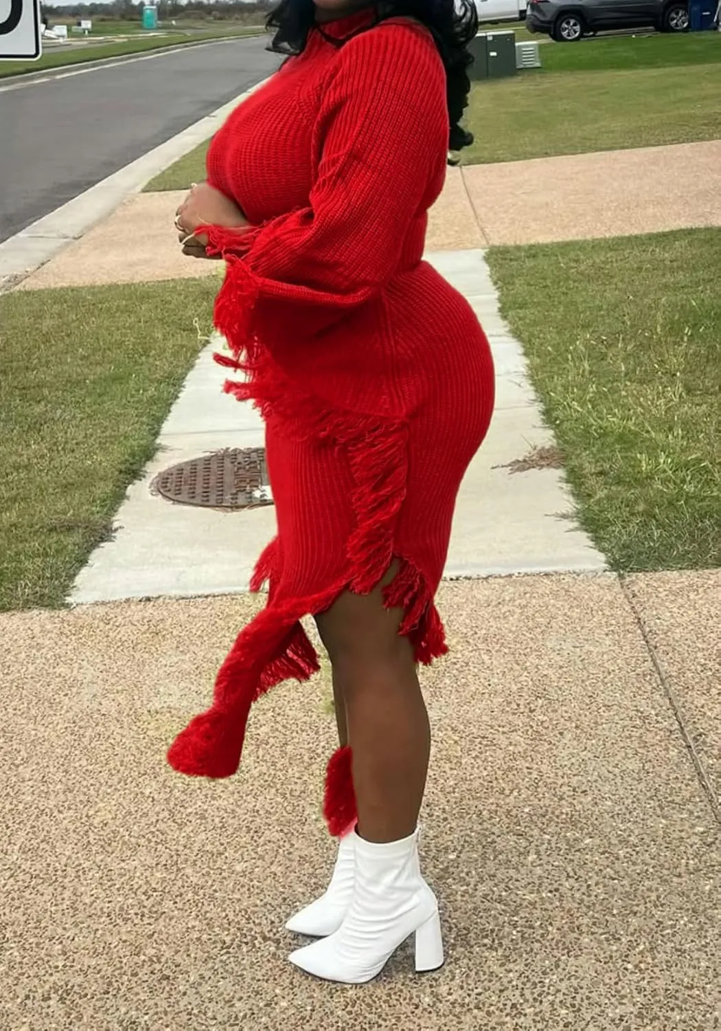 Unybwonn Women's Fringe Sweater Dress Batwing Long Sleeve Mock Neck Knit Maxi Dress Side Slit High Low Trendy Dress