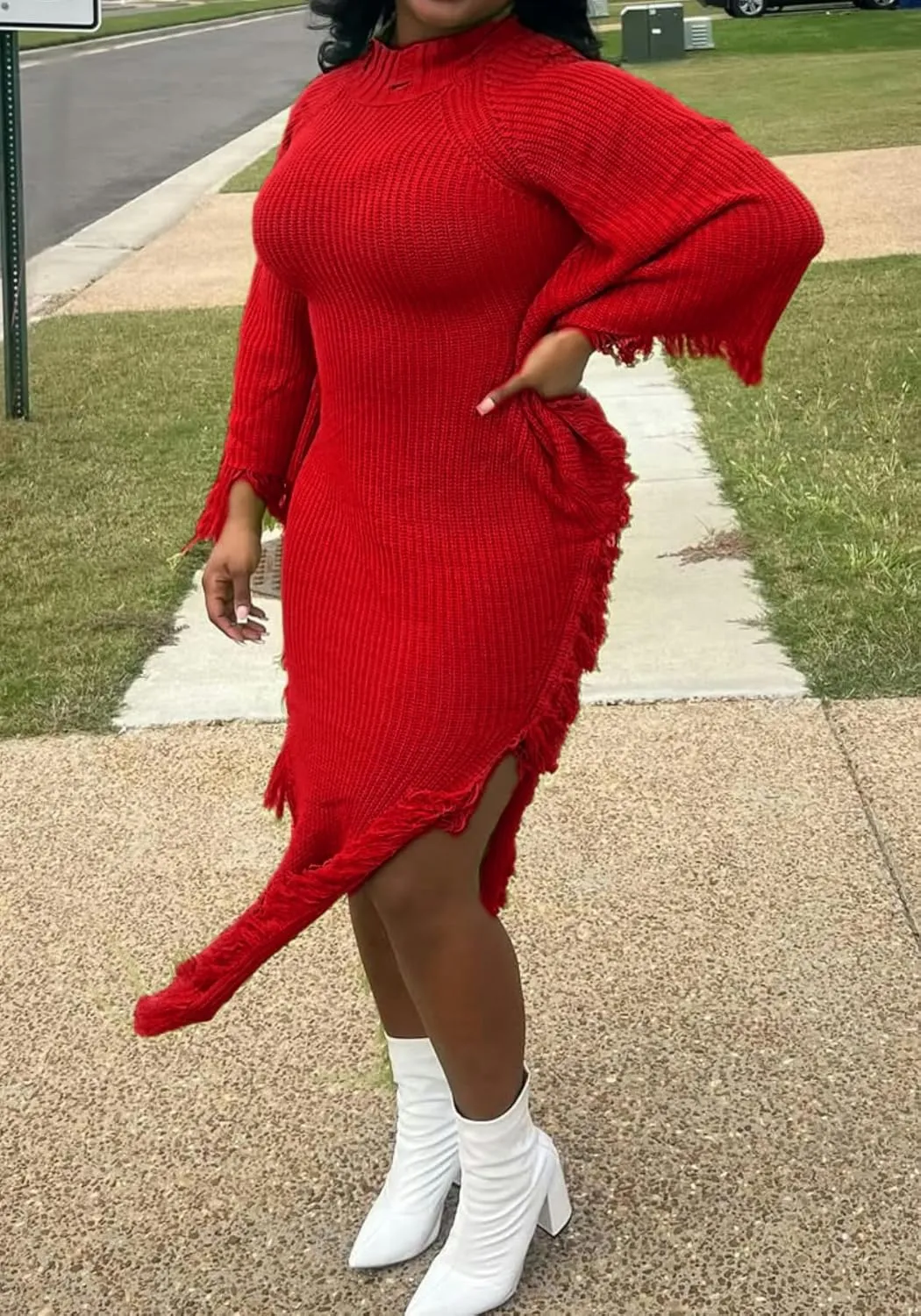 Unybwonn Women's Fringe Sweater Dress Batwing Long Sleeve Mock Neck Knit Maxi Dress Side Slit High Low Trendy Dress