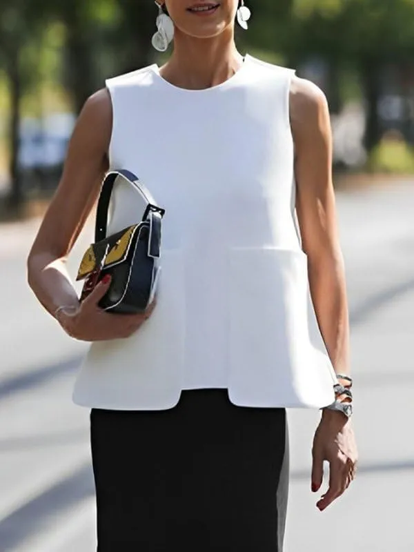 UOOZEE Women's 2025 Elegant Sleeveless Blouse Loose Dressy Casual Work Business Shirts with Pockets