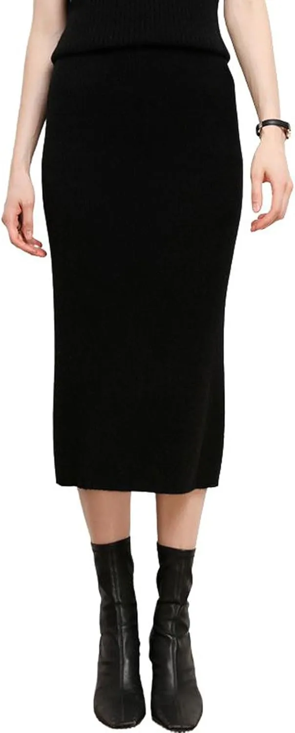 utcoco Women's High Waist Solid Color Skirt Long Pencil Wool Midi Skirts