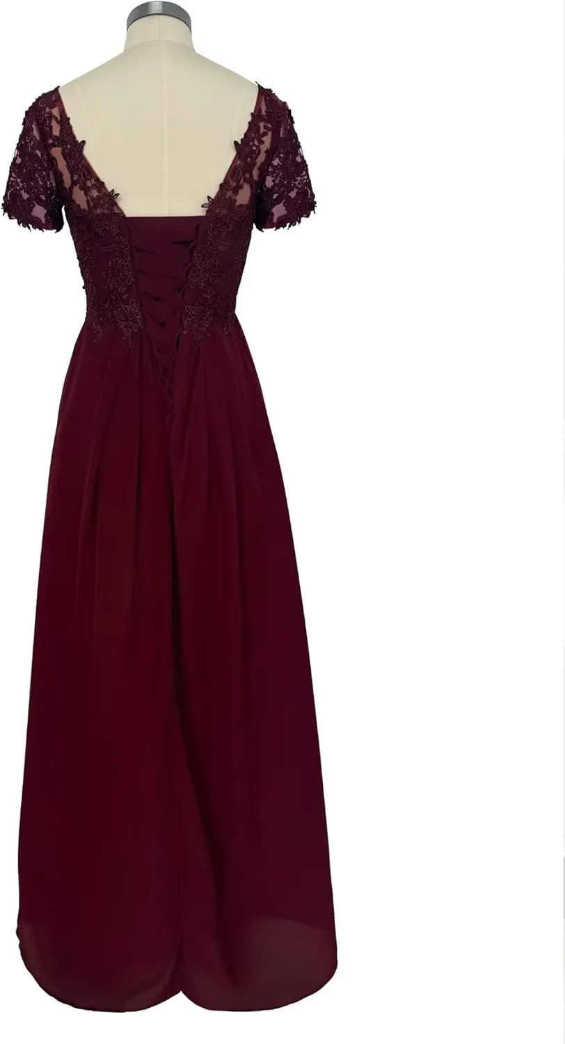 V Neck Appliques Mother of The Bride Dress Long Chiffon Prom Formal Evening Party Dresses for Women with Short Sleeves