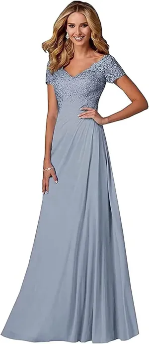V Neck Appliques Mother of The Bride Dress Long Chiffon Prom Formal Evening Party Dresses for Women with Short Sleeves