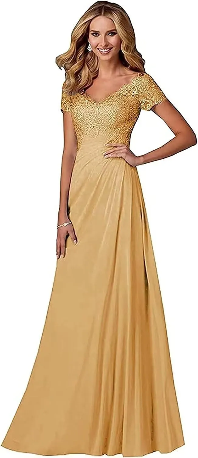 V Neck Appliques Mother of The Bride Dress Long Chiffon Prom Formal Evening Party Dresses for Women with Short Sleeves