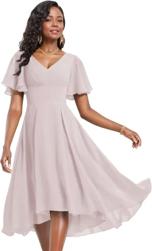 V Neck Chiffon Bridesmaid Dresses Short Sleeve Prom Dress for Women Elegant Tea Length Formal Evening Gown