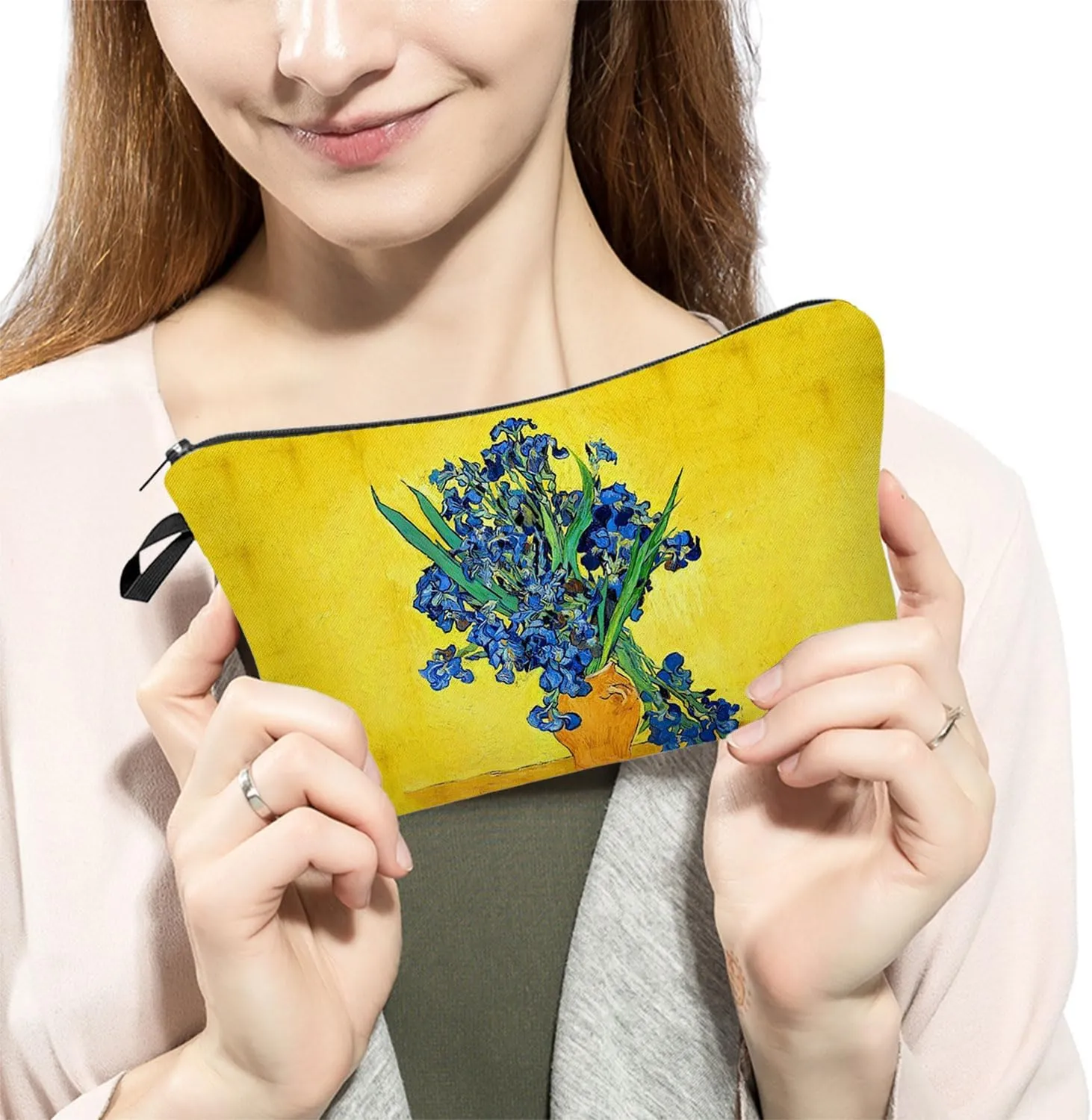 Van Gogh Floral Oil Painting Iris Makeup Bag Cute Small Makeup Organizer Bag Travel Toiletry Zipper Pouch Floral Iris Cosmetic Bag Flower Gifts for Women Artists Painters Van Gogh Fans