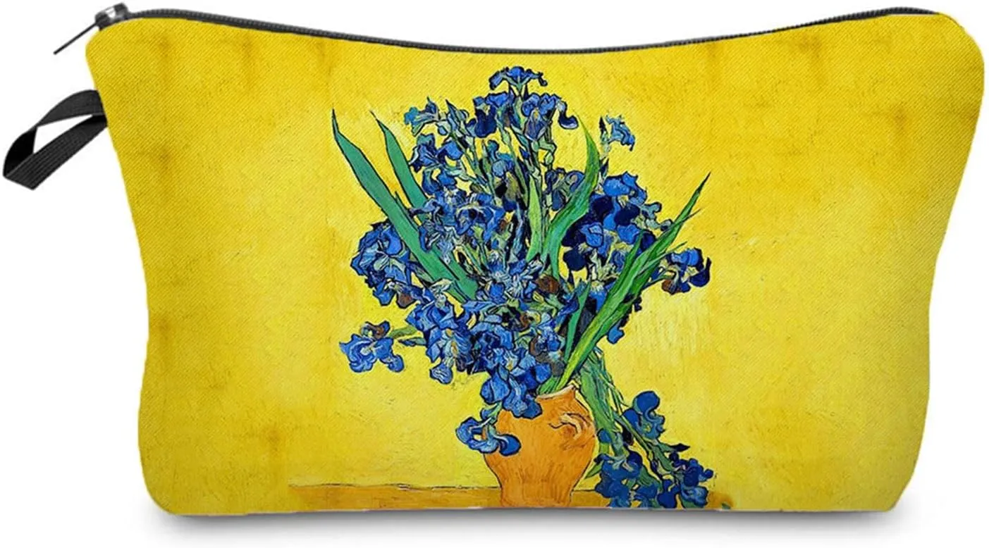 Van Gogh Floral Oil Painting Iris Makeup Bag Cute Small Makeup Organizer Bag Travel Toiletry Zipper Pouch Floral Iris Cosmetic Bag Flower Gifts for Women Artists Painters Van Gogh Fans