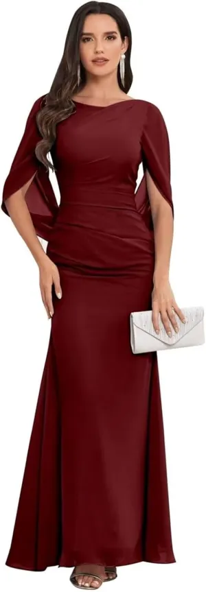 VCCICANY Cape Sleeve Mermaid Chiffon Mother of The Bride Dresses for Wedding Long Pleated Mother of The Groom Dresses