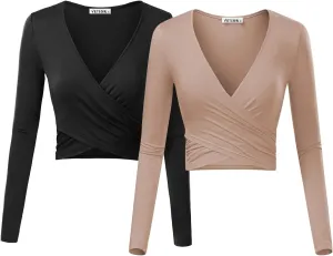 VETIOR Women's Sexy Deep V Neck Short Sleeve Unique Slim Fit Cross Wrap Shirts Crop Tops Going Out Tops