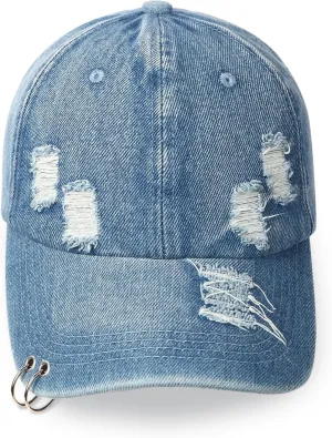 Vintage Distressed Jean Hat, Light Acid Washed Denim, Ripped Baseball Cap, Adjustable Clip for Universal Fit