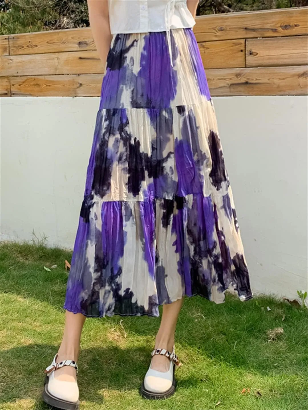 Vintage Slit Chiffon Skirt Women Spring Summer Contrast Print High Waist Pleated Midi Skirt