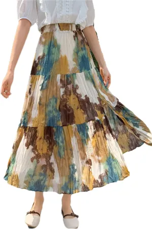 Vintage Slit Chiffon Skirt Women Spring Summer Contrast Print High Waist Pleated Midi Skirt