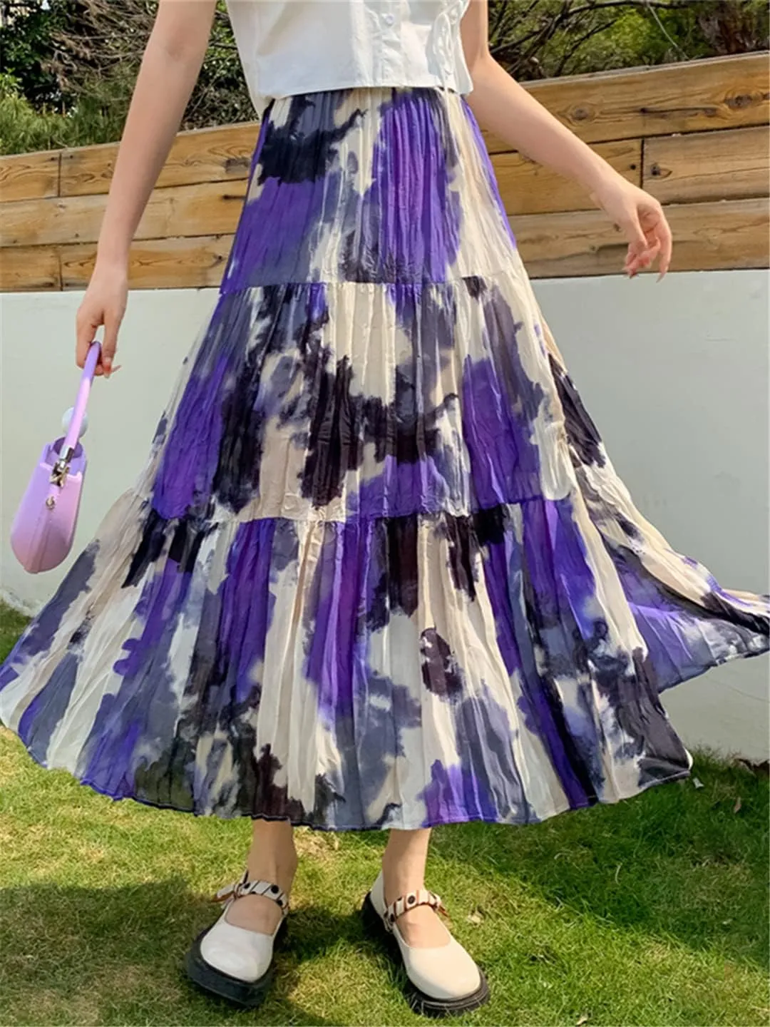 Vintage Slit Chiffon Skirt Women Spring Summer Contrast Print High Waist Pleated Midi Skirt