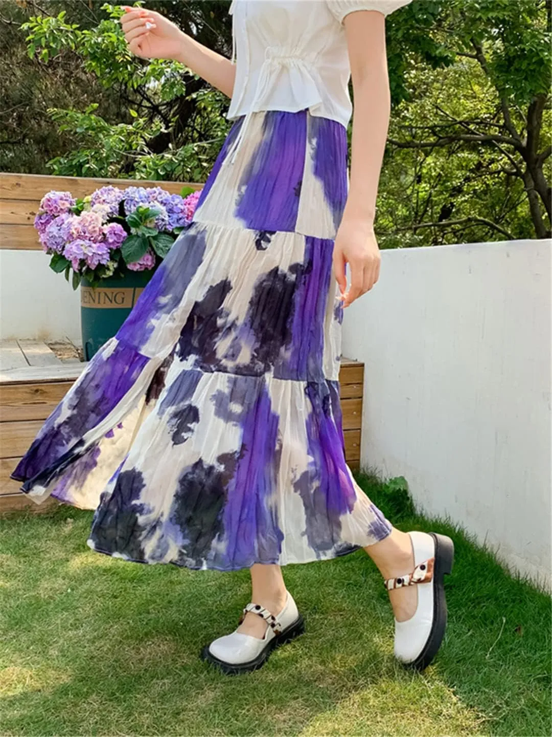 Vintage Slit Chiffon Skirt Women Spring Summer Contrast Print High Waist Pleated Midi Skirt