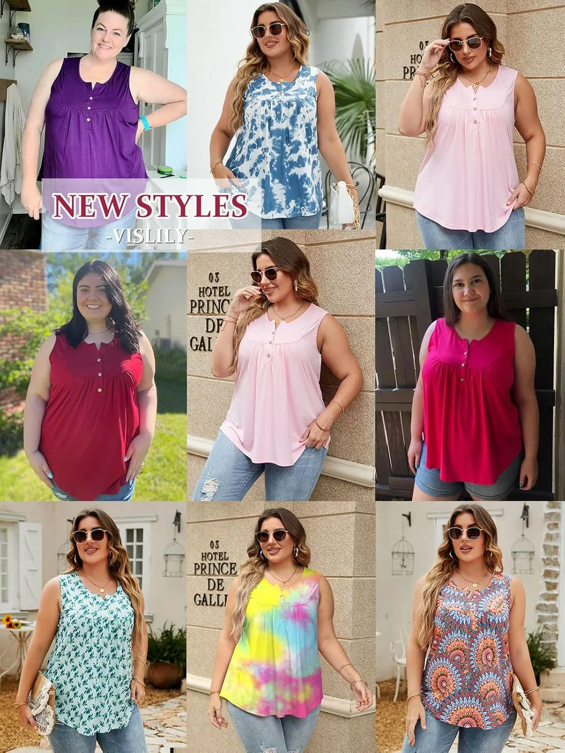 VISLILY Womens-Plus-Size-Tank-Tops Summer Sleeveless Henley Shirts Buttons Up Tunics Flowy Pleated Blouses
