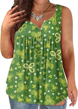 VISLILY Womens-Plus-Size-Tank-Tops Summer Sleeveless Henley Shirts Buttons Up Tunics Flowy Pleated Blouses
